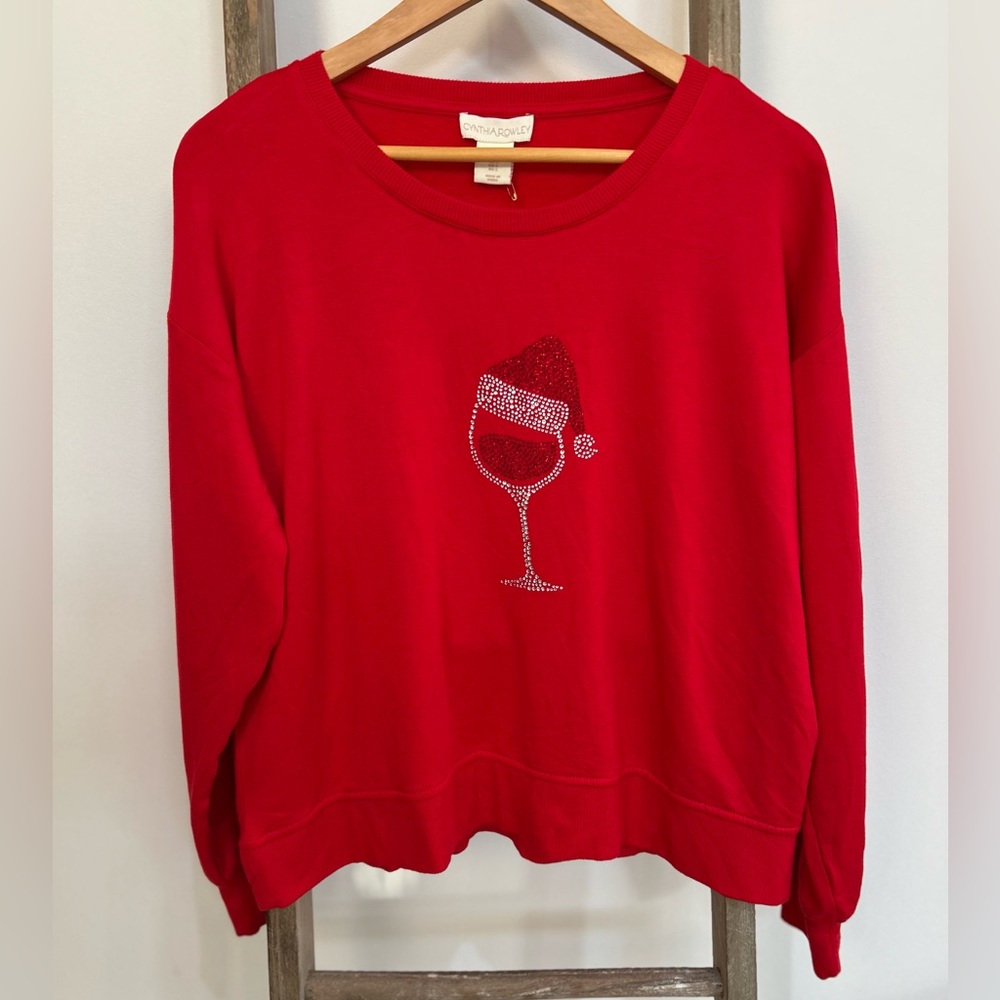 Cynthia Rowley Red Christmas Crew Neck Sweatshirt Rhinestone Women Size S NWOT